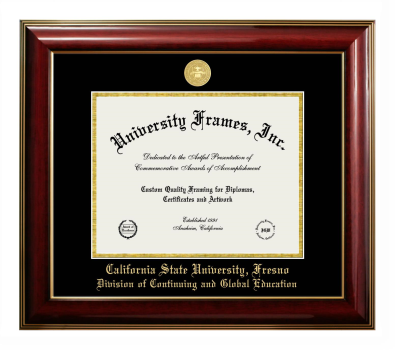 California State University, Fresno Division of Continuing and Global Education Diploma Frame in Classic Mahogany with Gold Trim with Black & Gold Mats for document: 8 1/2"h x 11"w  