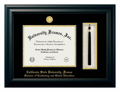 California State University, Fresno Division of Continuing and Global Education Diploma with Tassel Box Frame in Satin Black with Black & Gold Mats for document: 8 1/2"h x 11"w  