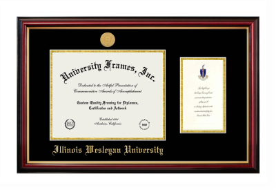 Illinois Wesleyan University Diploma with Announcement Frame in Petite Mahogany with Gold Trim with Black & Gold Mats for document: 8 1/2"h x 11"w  , diploma: 7"h x 4"w  