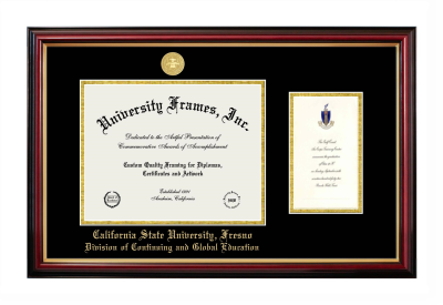 California State University, Fresno Division of Continuing and Global Education Diploma with Announcement Frame in Petite Mahogany with Gold Trim with Black & Gold Mats for document: 8 1/2"h x 11"w  , diploma: 7"h x 4"w  