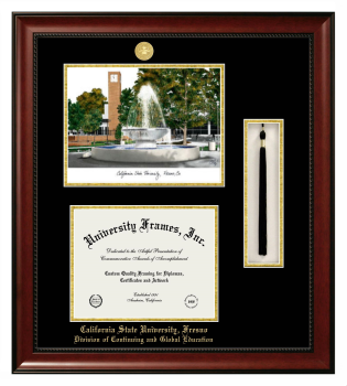 California State University, Fresno Division of Continuing and Global Education Double Opening with Campus Image & Tassel Box (Stacked) Frame in Avalon Mahogany with Black & Gold Mats for document: 8 1/2"h x 11"w  