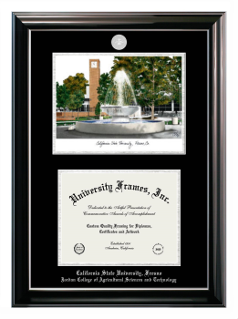 California State University, Fresno Jordan College of Agricultural Sciences and Technology Double Opening with Campus Image (Stacked) Frame in Classic Ebony with Silver Trim with Black & Silver Mats for document: 8 1/2"h x 11"w  