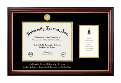 California State University, Fresno Jordan College of Agricultural Sciences and Technology Diploma with Announcement Frame in Petite Mahogany with Gold Trim with Black & Gold Mats for document: 8 1/2"h x 11"w  , diploma: 7"h x 4"w  