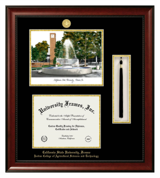 California State University, Fresno Jordan College of Agricultural Sciences and Technology Double Opening with Campus Image & Tassel Box (Stacked) Frame in Avalon Mahogany with Black & Gold Mats for document: 8 1/2"h x 11"w  