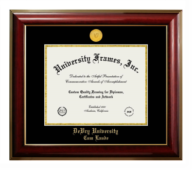 DeVry University Cum Laude Diploma Frame in Classic Mahogany with Gold Trim with Black & Gold Mats for document: 8 1/2"h x 11"w  