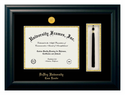 DeVry University Cum Laude Diploma with Tassel Box Frame in Satin Black with Black & Gold Mats for document: 8 1/2"h x 11"w  