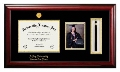 DeVry University Summa Cum Laude Diploma with 5 x 7 Portrait & Tassel Box Frame in Classic Mahogany with Black & Gold Mats for document: 8 1/2"h x 11"w  