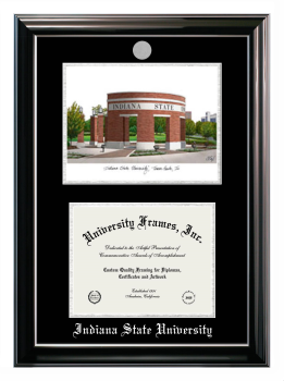 Indiana State University Double Opening with Campus Image (Stacked) Frame in Classic Ebony with Silver Trim with Black & Silver Mats for document: 8 1/2"h x 11"w  