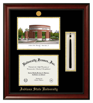 Indiana State University Double Opening with Campus Image & Tassel Box (Stacked) Frame in Avalon Mahogany with Black & Gold Mats for document: 8 1/2"h x 11"w  