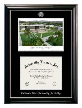 California State University, Northridge Double Opening with Campus Image (Stacked) Frame in Classic Ebony with Silver Trim with Black & Silver Mats for document: 8 1/2"h x 11"w  