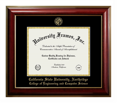 California State University, Northridge College of Engineering and Computer Science Diploma Frame in Classic Mahogany with Gold Trim with Black & Gold Mats for document: 8 1/2"h x 11"w  