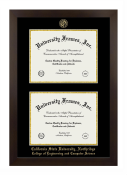 California State University, Northridge College of Engineering and Computer Science Double Diploma Frame in Manhattan Espresso with Black & Gold Mats for document: 8 1/2"h x 11"w  , document: 8 1/2"h x 11"w  