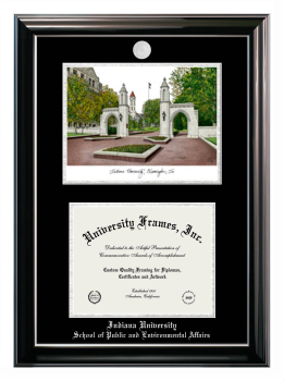 Indiana University School of Global and International Studies Double Opening with Campus Image (Stacked) Frame in Classic Ebony with Silver Trim with Black & Silver Mats for document: 8 1/2"h x 11"w  