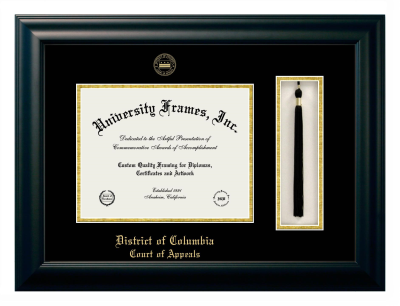 District of Columbia Court of Appeals Diploma with Tassel Box Frame in Satin Black with Black & Gold Mats for document: 8 1/2"h x 11"w  