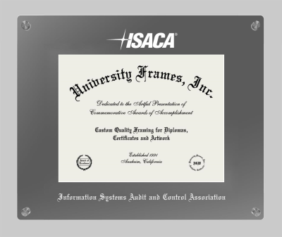 Information Systems Audit and Control Association Lucent Clear-over-Smoke Frame in Lucent Smoke Moulding with Lucent Smoke Mat for document: 8 1/2"h x 11"w  