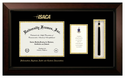 Information Systems Audit and Control Association Diploma with Announcement & Tassel Box Frame in Legacy Black Cherry with Black & Gold Mats for document: 8 1/2"h x 11"w  , diploma: 7"h x 4"w  