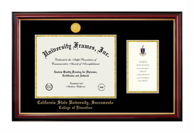 California State University, Sacramento College of Education Diploma with Announcement Frame in Petite Mahogany with Gold Trim with Black & Gold Mats for document: 8 1/2"h x 11"w  , diploma: 7"h x 4"w  