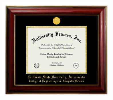 California State University, Sacramento College of Engineering and Computer Science Diploma Frame in Classic Mahogany with Gold Trim with Black & Gold Mats for document: 8 1/2"h x 11"w  