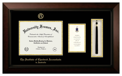 Institute of Chartered Accountants in Australia Diploma with Announcement & Tassel Box Frame in Legacy Black Cherry with Black & Gold Mats for document: 8 1/2"h x 11"w  , diploma: 7"h x 4"w  