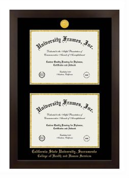 California State University, Sacramento College of Health and Human Services Double Diploma Frame in Manhattan Espresso with Black & Gold Mats for document: 8 1/2"h x 11"w  , document: 8 1/2"h x 11"w  