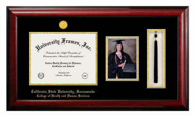 California State University, Sacramento College of Health and Human Services Diploma with 5 x 7 Portrait & Tassel Box Frame in Classic Mahogany with Black & Gold Mats for document: 8 1/2"h x 11"w  