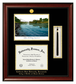 California State University, Sacramento College of Health and Human Services Double Opening with Campus Image & Tassel Box (Stacked) Frame in Avalon Mahogany with Black & Gold Mats for document: 8 1/2"h x 11"w  