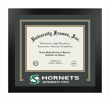 California State University, Sacramento College of Social Sciences and Interdisciplinary Studies Logo Mat Frame in Manhattan Black with Forest Green & Bronze Mats for document: 8 1/2"h x 11"w  