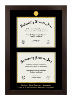 California State University, Sacramento College of Social Sciences and Interdisciplinary Studies Double Diploma Frame in Manhattan Espresso with Black & Gold Mats for document: 8 1/2"h x 11"w  , document: 8 1/2"h x 11"w  