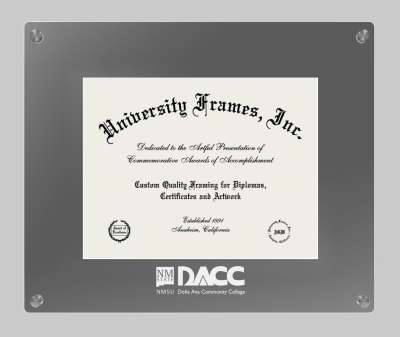 Dona Ana Community College Lucent Clear-over-Smoke Frame in Lucent Smoke Moulding with Lucent Smoke Mat for document: 8 1/2"h x 11"w  