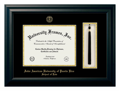Inter American University of Puerto Rico School of Law Diploma with Tassel Box Frame in Satin Black with Black & Gold Mats for document: 8 1/2"h x 11"w  