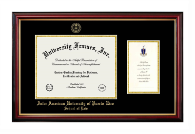 Inter American University of Puerto Rico School of Law Diploma with Announcement Frame in Petite Mahogany with Gold Trim with Black & Gold Mats for document: 8 1/2"h x 11"w  , diploma: 7"h x 4"w  