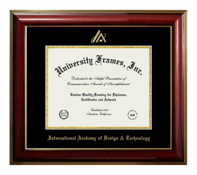 International Academy of Design & Technology Diploma Frame in Classic Mahogany with Gold Trim with Black & Gold Mats for document: 8 1/2"h x 11"w  