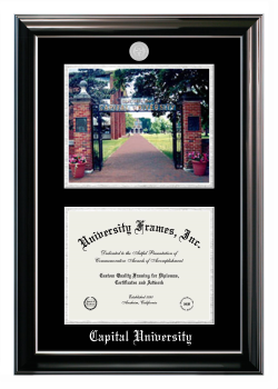 Capital University Double Opening with Campus Image (Stacked) Frame in Classic Ebony with Silver Trim with Black & Silver Mats for document: 8 1/2"h x 11"w  