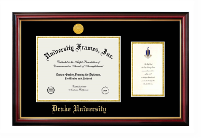 Drake University Diploma with Announcement Frame in Petite Mahogany with Gold Trim with Black & Gold Mats for document: 8 1/2"h x 11"w  , diploma: 7"h x 4"w  