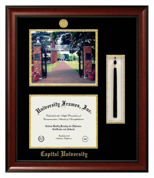 Capital University Double Opening with Campus Image & Tassel Box (Stacked) Frame in Avalon Mahogany with Black & Gold Mats for document: 8 1/2"h x 11"w  