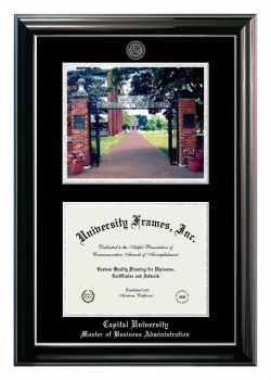 Capital University Master of Business Administration Double Opening with Campus Image (Stacked) Frame in Classic Ebony with Silver Trim with Black & Silver Mats for document: 8 1/2"h x 11"w  