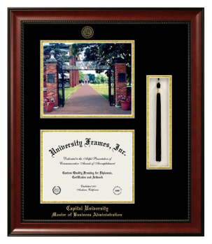 Capital University Master of Business Administration Double Opening with Campus Image & Tassel Box (Stacked) Frame in Avalon Mahogany with Black & Gold Mats for document: 8 1/2"h x 11"w  