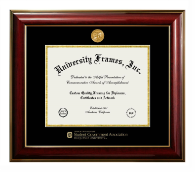 Duquesne University Division of Student Life Student Government Association Diploma Frame in Classic Mahogany with Gold Trim with Black & Gold Mats for document: 8 1/2"h x 11"w  