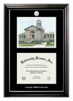 Carnegie Mellon University Double Opening with Campus Image (Stacked) Frame in Classic Ebony with Silver Trim with Black & Silver Mats for document: 8 1/2"h x 11"w  