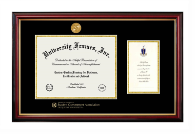 Duquesne University Division of Student Life Student Government Association Diploma with Announcement Frame in Petite Mahogany with Gold Trim with Black & Gold Mats for document: 8 1/2"h x 11"w  , diploma: 7"h x 4"w  