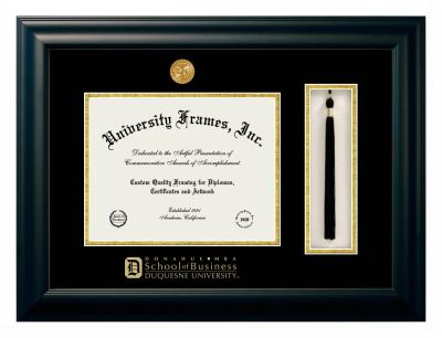 Duquesne University Donahue MBA School of Business Diploma with Tassel Box Frame in Satin Black with Black & Gold Mats for document: 8 1/2"h x 11"w  