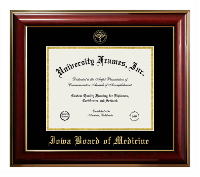 Iowa Board of Medicine Diploma Frame in Classic Mahogany with Gold Trim with Black & Gold Mats for document: 8 1/2"h x 11"w  