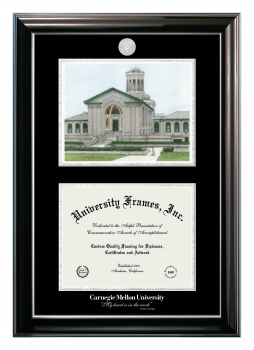 Carnegie Mellon University "My heart is in the work" - Andrew Carnegie Double Opening with Campus Image (Stacked) Frame in Classic Ebony with Silver Trim with Black & Silver Mats for document: 8 1/2"h x 11"w  