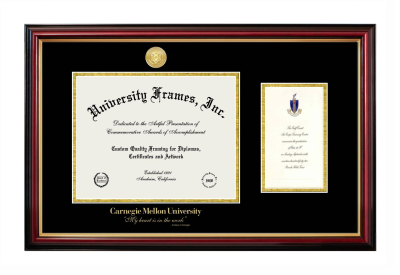 Carnegie Mellon University "My heart is in the work" - Andrew Carnegie Diploma with Announcement Frame in Petite Mahogany with Gold Trim with Black & Gold Mats for document: 8 1/2"h x 11"w  , diploma: 7"h x 4"w  