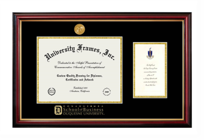 Duquesne University Donahue MBA School of Business Diploma with Announcement Frame in Petite Mahogany with Gold Trim with Black & Gold Mats for document: 8 1/2"h x 11"w  , diploma: 7"h x 4"w  