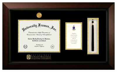 Duquesne University Donahue MBA School of Business Diploma with Announcement & Tassel Box Frame in Legacy Black Cherry with Black & Gold Mats for document: 8 1/2"h x 11"w  , diploma: 7"h x 4"w  