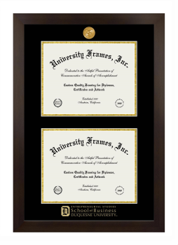 Duquesne University Entrepreneurial Studies School of Business Double Diploma Frame in Manhattan Espresso with Black & Gold Mats for document: 8 1/2"h x 11"w  , document: 8 1/2"h x 11"w  