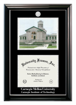 Carnegie Mellon University Carnegie Institute of Technology Double Opening with Campus Image (Stacked) Frame in Classic Ebony with Silver Trim with Black & Silver Mats for document: 8 1/2"h x 11"w  