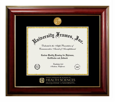 Duquesne University John G. Rangos, Sr. School of Health Sciences Diploma Frame in Classic Mahogany with Gold Trim with Black & Gold Mats for document: 8 1/2"h x 11"w  