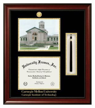 Carnegie Mellon University Carnegie Institute of Technology Double Opening with Campus Image & Tassel Box (Stacked) Frame in Avalon Mahogany with Black & Gold Mats for document: 8 1/2"h x 11"w  